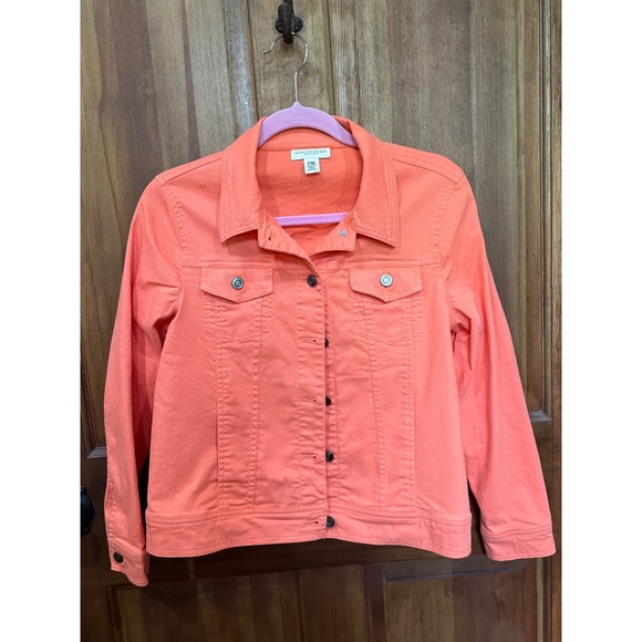 Appleseed's Petites Jackets & Blazers - Appleseeds Petites Coral Papaya Denim Trucker Jacket Stretch Cotton PM